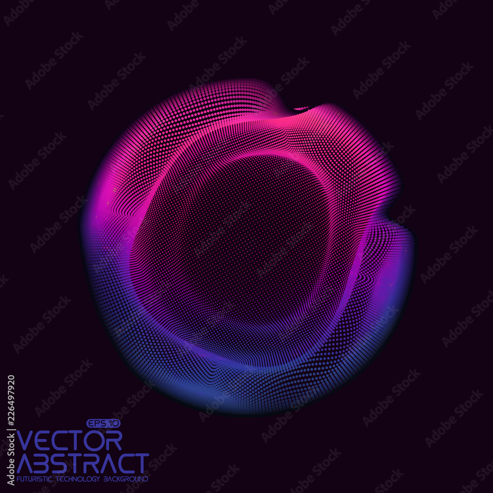 Poster Vector abstract sphere of particles, points array. Futuristic vector illustration. Technology digital splash or explosion of data points. Spherical waveform. Cyber UI or HUD element.