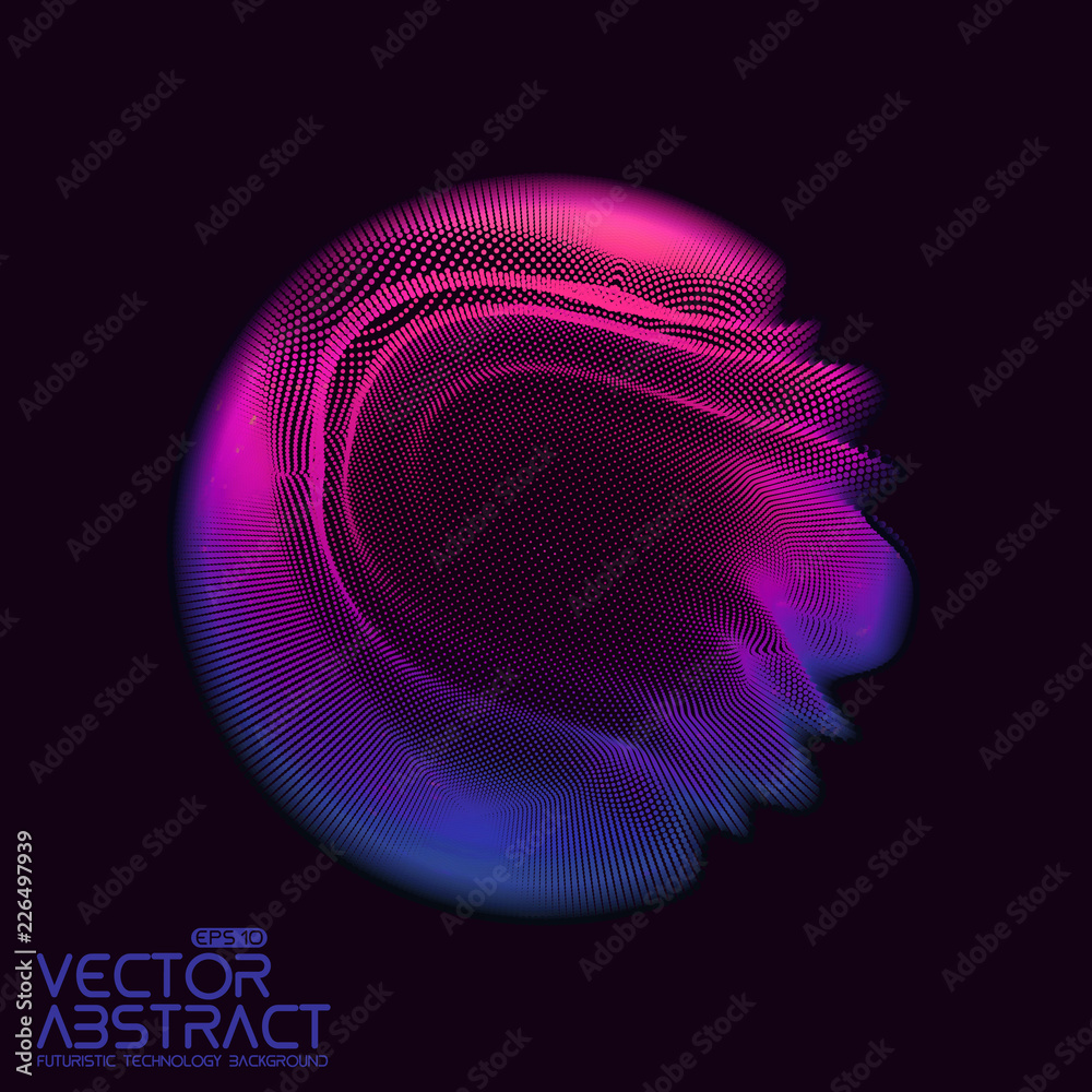 Poster Vector abstract sphere of particles, points array. Futuristic vector illustration. Technology digital splash or explosion of data points. Spherical waveform. Cyber UI or HUD element.