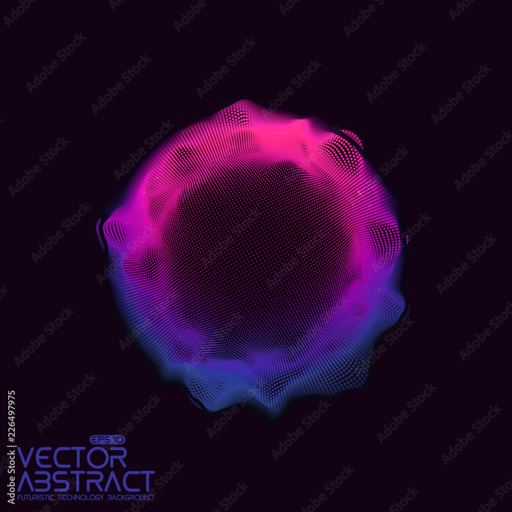 Poster Vector abstract sphere of particles, points array. Futuristic vector illustration. Technology digital splash or explosion of data points. Spherical waveform. Cyber UI or HUD element.