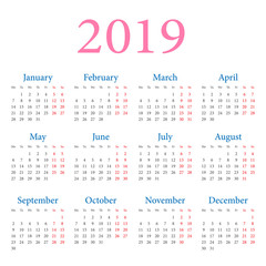 Simple annual calendar 2019