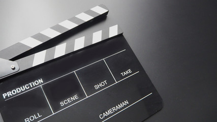 Fototapeta na wymiar Clapperboard or clap board or movie slate use in video production , film, cinema industry. It's black color.