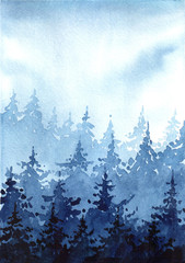 Watercolor hand drawn illustration with Winter Forest. Winter Landscape with Christmas trees. Christmas card