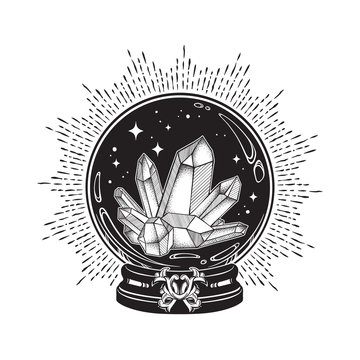 Hand drawn magic crystal ball with gems line art and dot work. Boho chic tattoo, poster or altar veil print design vector illustration.