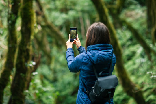 Young traveler woman taking a photo of forest