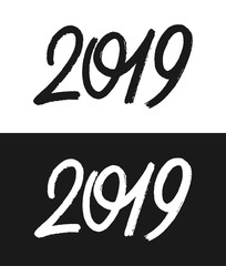 Happy New Year 2019 greeting card template. Handwritten calligraphy number isolated on black and white backgrounds. Vector illustration for chinese year of the pig.