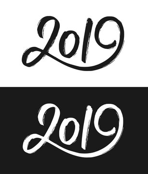 Happy New Year 2019 greeting card template. Handwritten calligraphy number isolated on black and white backgrounds. Vector illustration for chinese year of the pig.