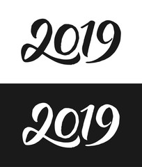 Happy New Year 2019 greeting card template. Handwritten calligraphy number isolated on black and white backgrounds. Vector illustration for chinese year of the pig.