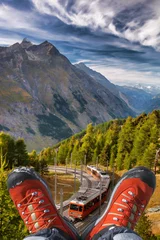 Papier Peint photo Cervin Gornergrat train with hiking boots in Zermatt, Swiss Alps.