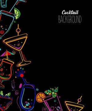 Neon colors on a black background Cocktail Party vector illustration. Template design for menu, bar.