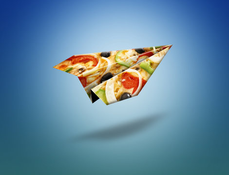 Flying paper plane origami with detailed ingredient of a pizza