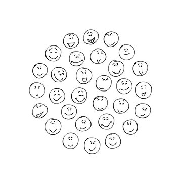 A collection of doodle faces with positive emotions in a circle, black outlines, white background. Emoticons. Emotional icons. Vector illustration.