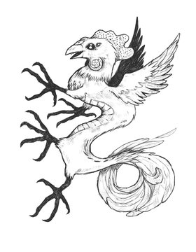 Illustration with a fantasy creature. Chicken dragon. Сockatrice. Can be printed on a t-shirt, postcards, tattoo, books images, etc..