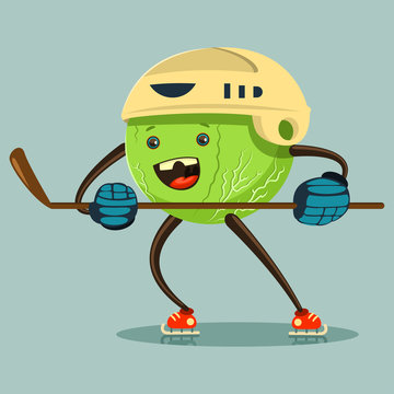 Cute Cabbage cartoon character on skates in helmet and with stick engaged hockey. Illustration of winter sport and eating healthy. Vector flat funny vegetable icon with emotion isolated on background.