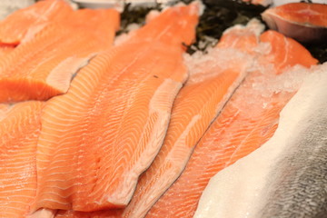 Fresh salmon at a fish market