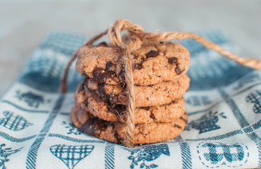 Chocolate cookie on blue cloth