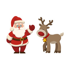 Cartoon cute Santa Claus and Christmas deer with bell. Vector illustration.
