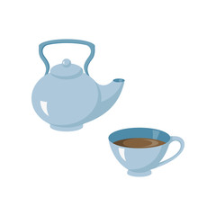 Tea set from a teapot and cup of blue color. Vector illustration.