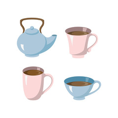 Set of cups with a kettle of blue and pink color. Vector illustration.