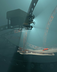3D render of an ROV discovering a flight data recorder in an undersea crash debris field. Fictitious UAV and flight recorder, Murky water to emphasize depth and for dramatic effect