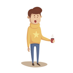 Man yawns with a Cup of coffee. Early in the morning go to work. Vector illustration