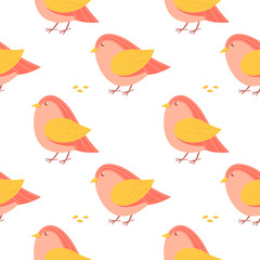 Birds cartoon peck grain, seamless pattern. Vector illustration.