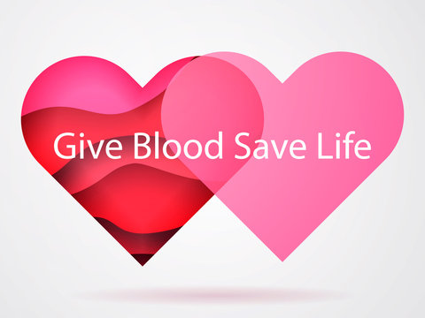 Two  blood hearts with 3d paper cut effect. Give blood save life concept. Vector illustration