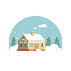 Winter landscape. Cozy house in winter. Morning snowfall. Christmas winter postcard. Flat vector illustration.