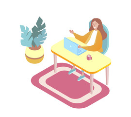 Girl sitting at the table and working on a laptop. Isometric vector illustration.