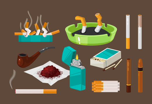 Set of filter cigarettes, cigars with tobacco in ashtray, nicotine.