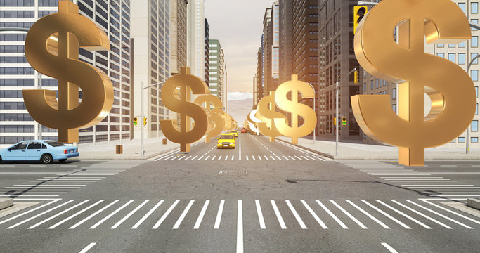 US Dollar Sign In The City - Business Related Aerial 3D City Flight