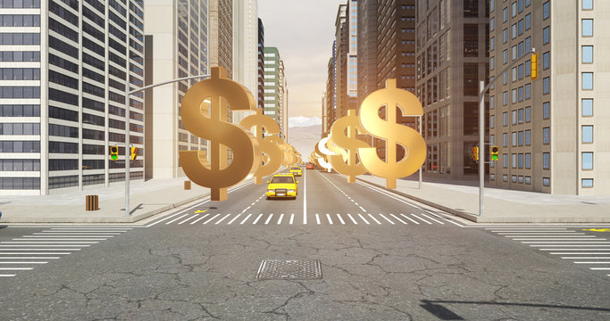 US Dollar Sign In The City - Business Related Aerial 3D City Flight