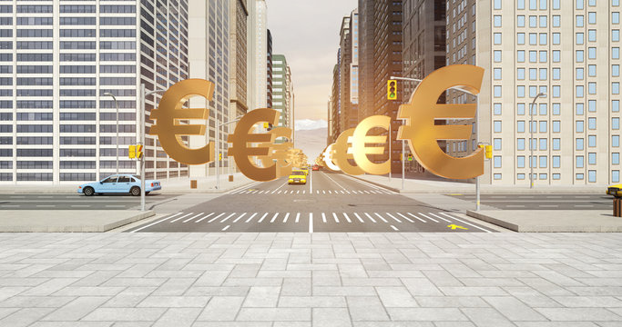 Euro Currency Sign In The City - Business Related Aerial 3D City Flight
