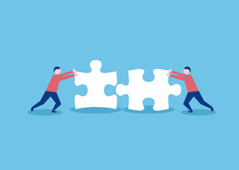 Two flat style people connecting puzzle elements. Business, teamwork and partnership concept. Vector illustration - obrazy, fototapety, plakaty