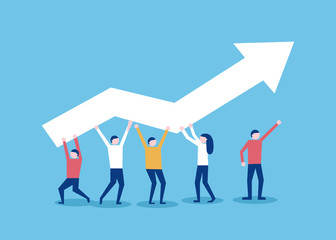 Little people raise a red chart arrow. Teamwork and success concept. Vector illustration