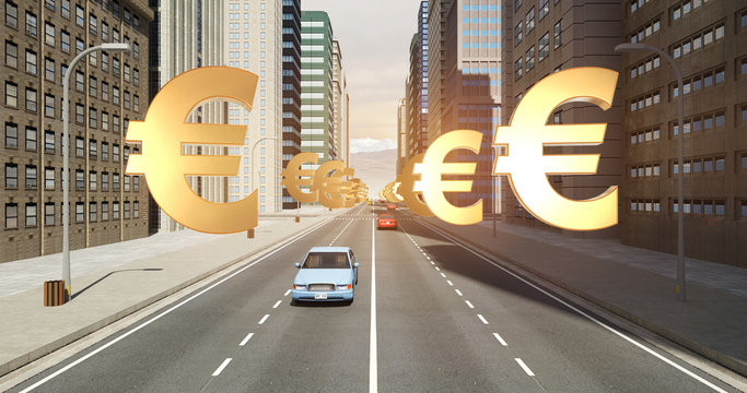 Euro Currency Sign In The City - Business Related Aerial 3D City Flight