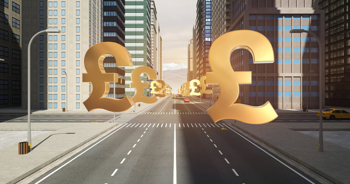 British Pound Sign In The City - Business Related Aerial 3D City Flight