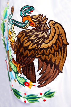 Detail of the official Mexican flag. In the Mexican flag appears an eagle devouring to a snake. An ancient legend of the prehispanic world indicates this image as the foundation of Mexico.