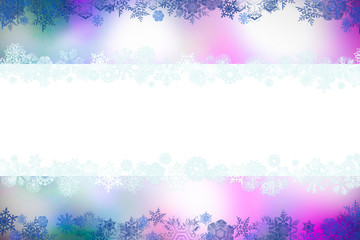 Christmas card with snowflakes and place for greetings on on a blurry white-pink-lilac background. Сhristmas, New Year winter composition, top view, flat lay, with copy space