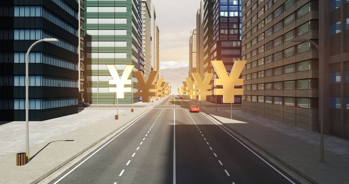 Japanese Yen Sign In The City - Business Related Aerial 3D City Flight
