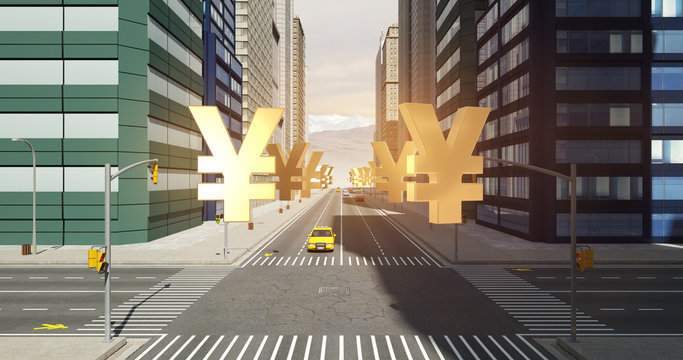 Japanese Yen Sign In The City - Business Related Aerial 3D City Flight