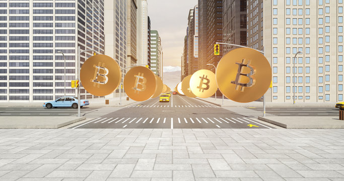 Bitcoin Sign In The City - Digital Currency Related Aerial 3D City Flight