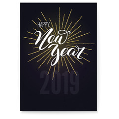Fototapeta na wymiar Happy new year. Concept of holidays card with white calligraphic text on black poster. Festive vector 3D illustration with design of handwritten text and shiny golden rays.