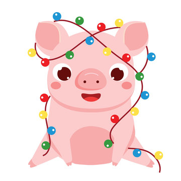 Cartoon pig, symbol of chinese 2019 new year. Cute pig with Christmas lights garland