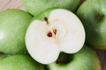 Closeup of halved fresh Granny smith green apple