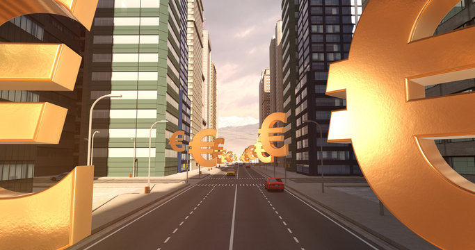 Euro Currency Sign In The City - Business Related Aerial 3D City Flight To Sky