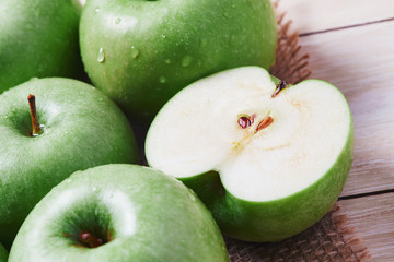 Closeup of halved fresh Granny smith green apple