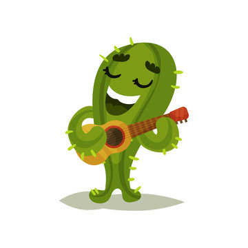 Cute humanized cactus singing song and playing guitar. Cartoon character of green succulent plant. Flat vector design