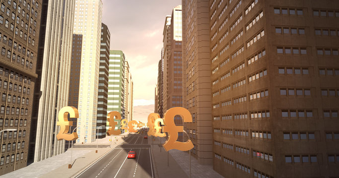 British Pound Sign In The City - Business Related Aerial 3D City Flight To Sky