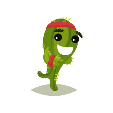 Green humanized cactus running with smiling face. Funny succulent plant with red headband. Flat vector icon