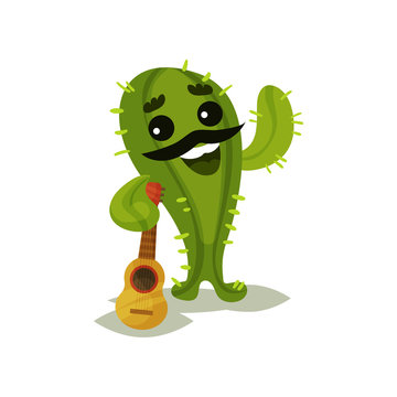 Friendly humanized cactus black mustache and guitar. Funny green succulent plant. Flat vector for poster or postcard